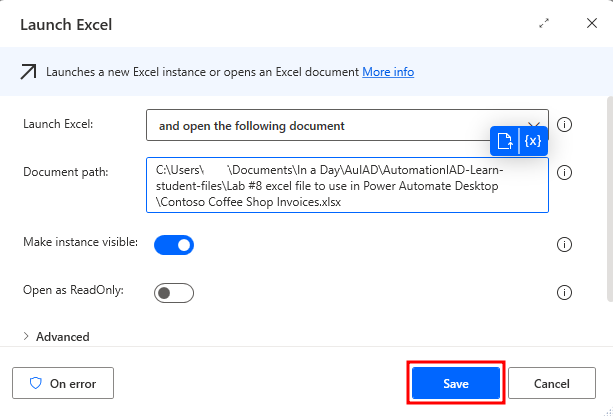 Screenshot showing the Save button in the Launch Excel dialog.