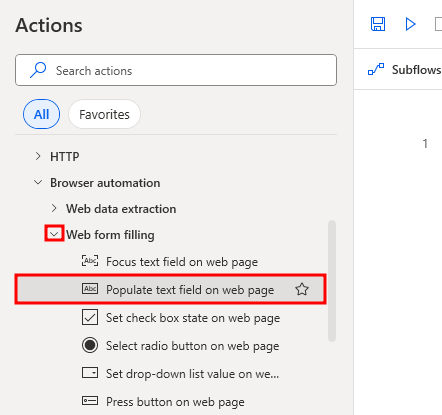 Screenshot showing the Populate text field on web page action.