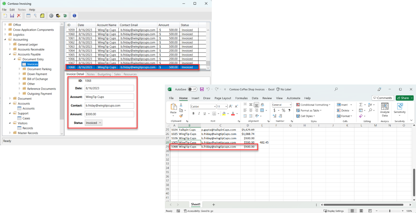 Screenshot of the new row added to Excel.
