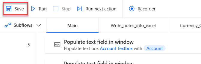 Screenshot showing the save flow button in the upper toolbar.