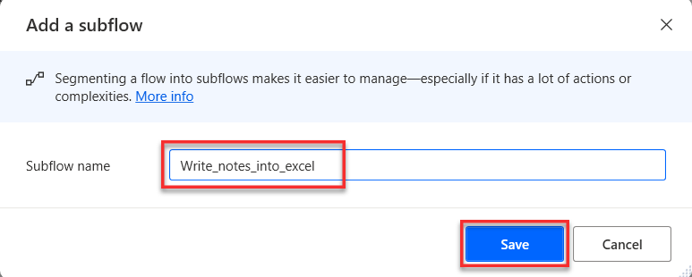 Screenshot showing the Save button to save the subflow.