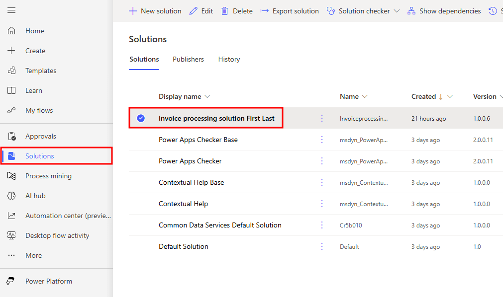 Screenshot showing the imported Invoice processing solution.