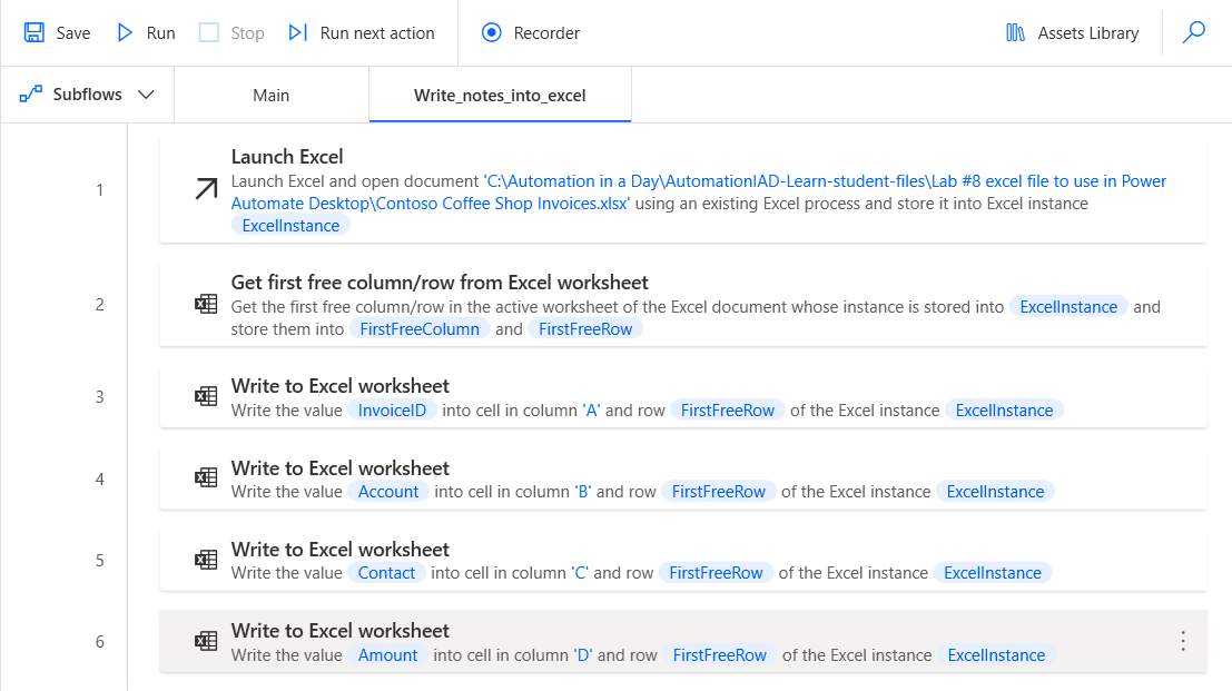 Screenshot showing the subflow actions.