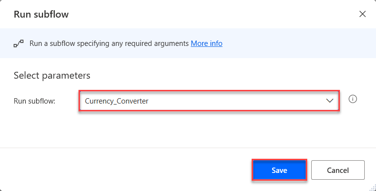 Screenshot showing the Run subflow action dialog.