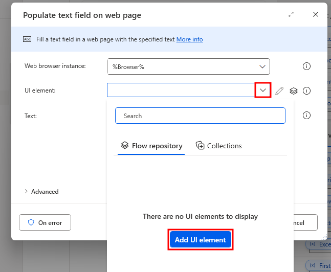 Screenshot showing the Populate text field on web page dialog.