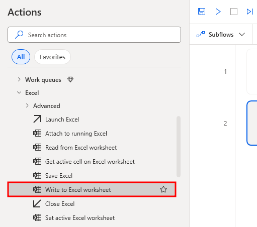 Screenshot showing the Write to Excel worksheet action.