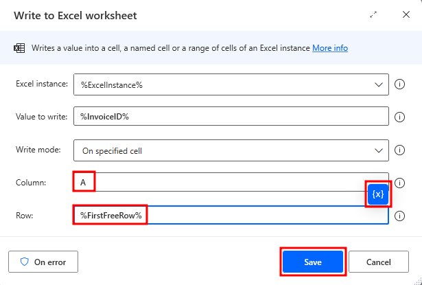 Screenshot showing the Write to Excel worksheet action dialog.