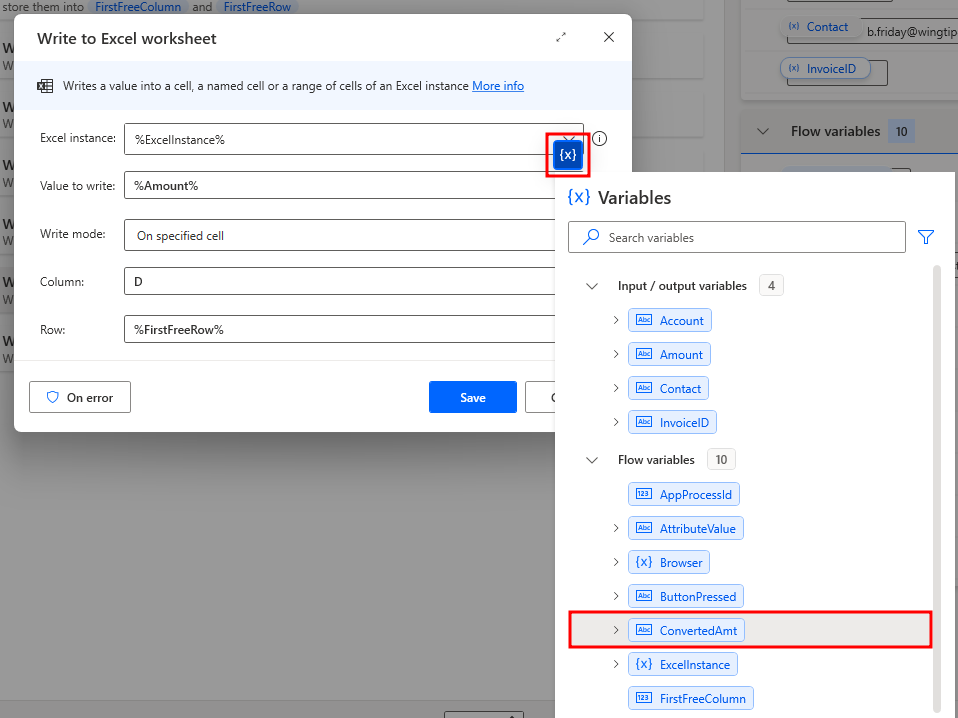 Screenshot showing the Write to Excel worksheet action dialog.