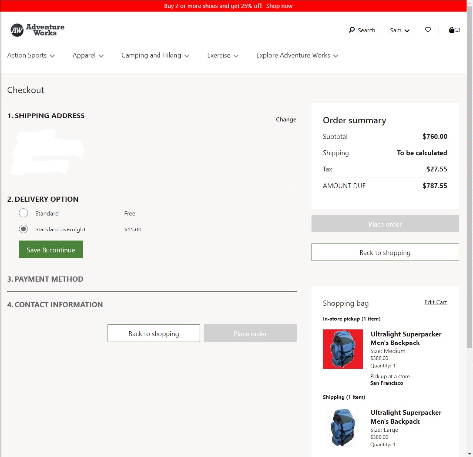 Screenshot of the Save & continue action in Dynamics 365 Commerce.