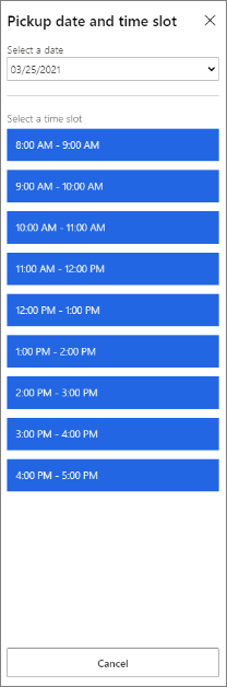 Screenshot of the Pickup date and time slot dialog box.