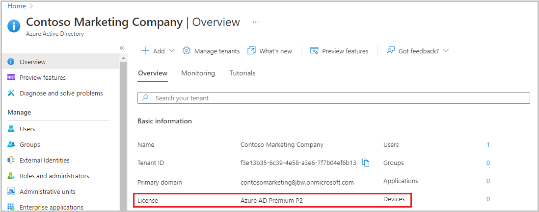 Screenshot that shows Azure AD Premium P2 on the Overview page under Tenant information.