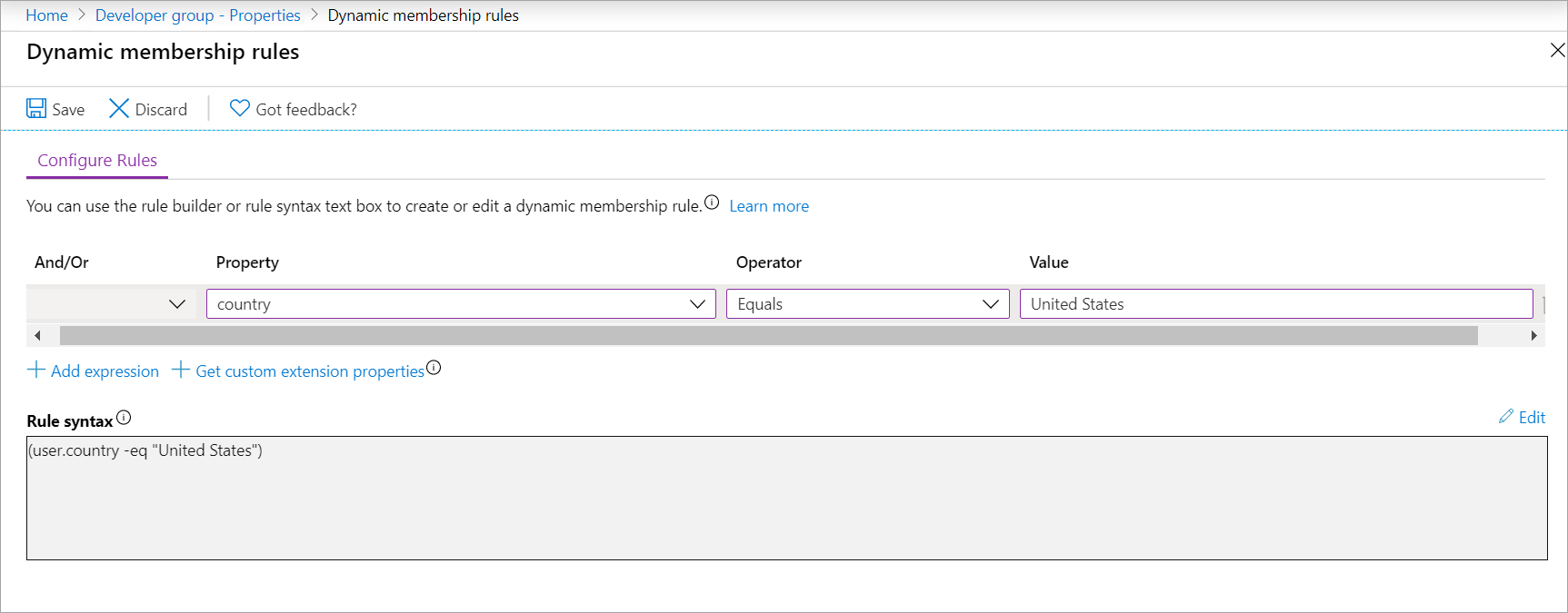 Screenshot that shows how to assign a dynamic membership rule.