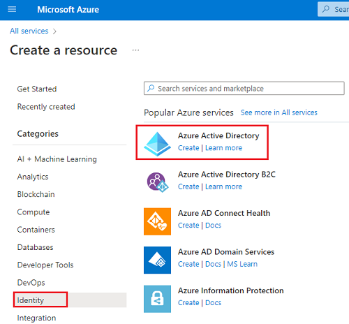 Screenshot that shows the create link for Azure Active Directory under Azure services.