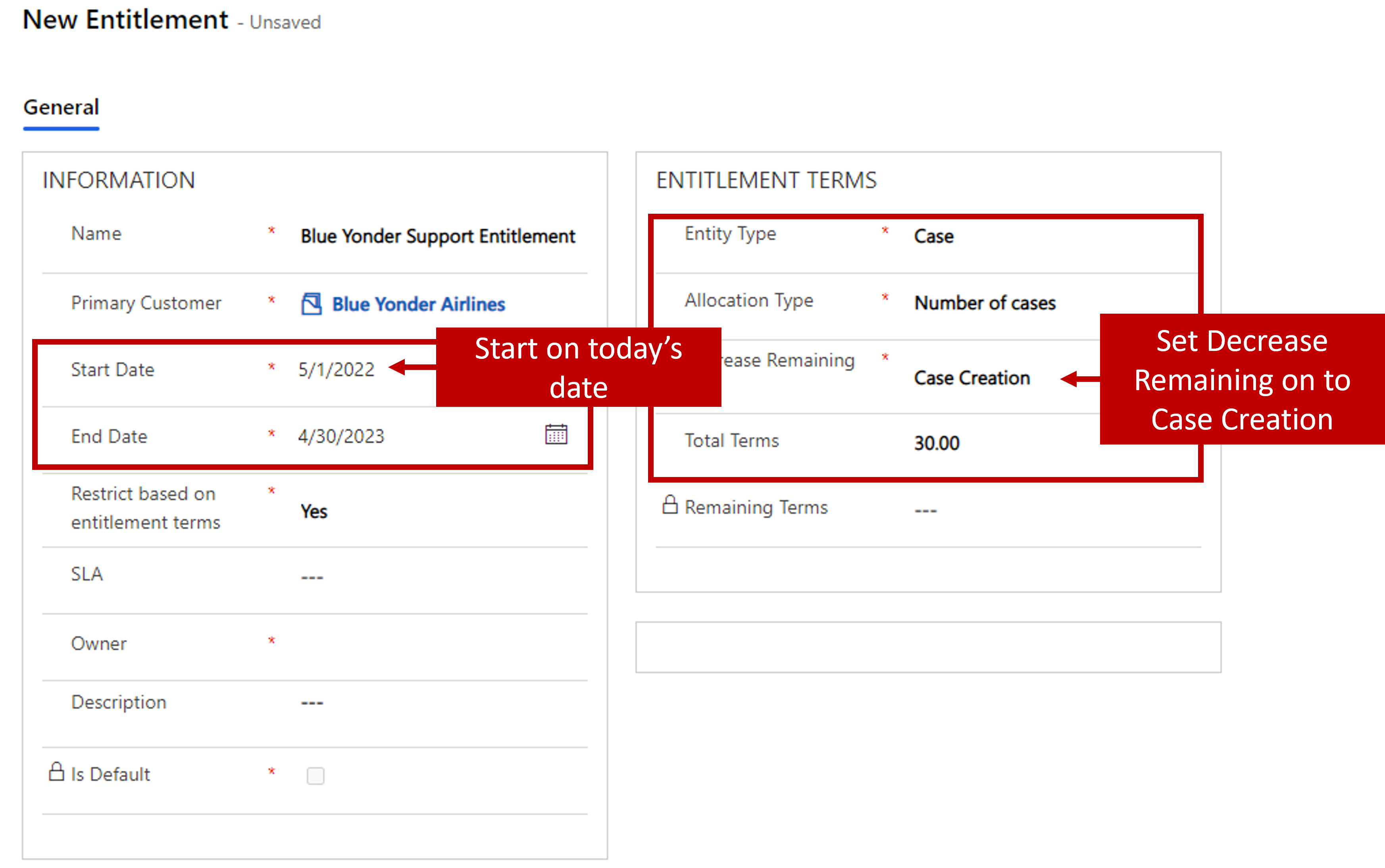Screenshot of a New entitlement with start and end dates and entitlement terms highlighted.