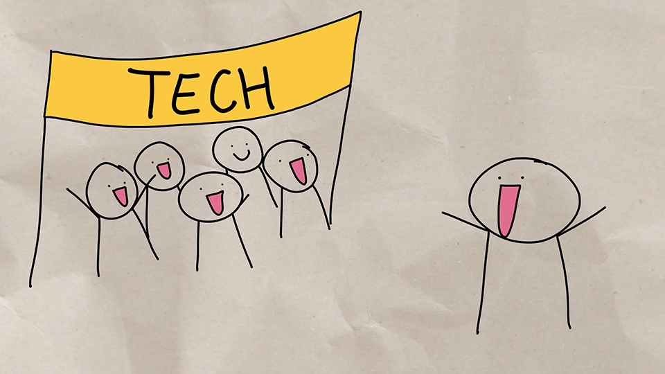 Illustration of a happy person joining a group of happy people in Tech.