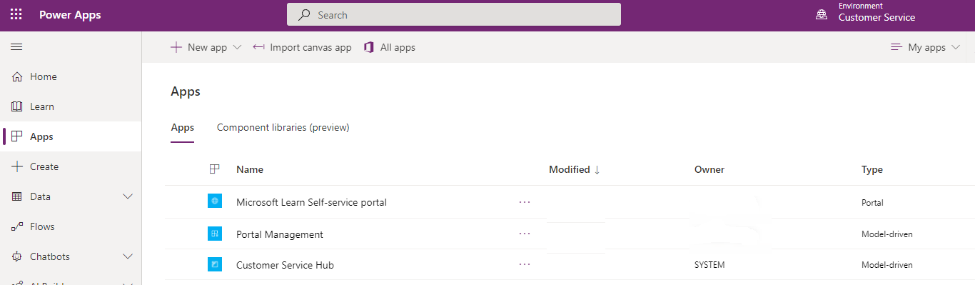 Screenshot of the list of apps in the maker portal with the portal app at the top.