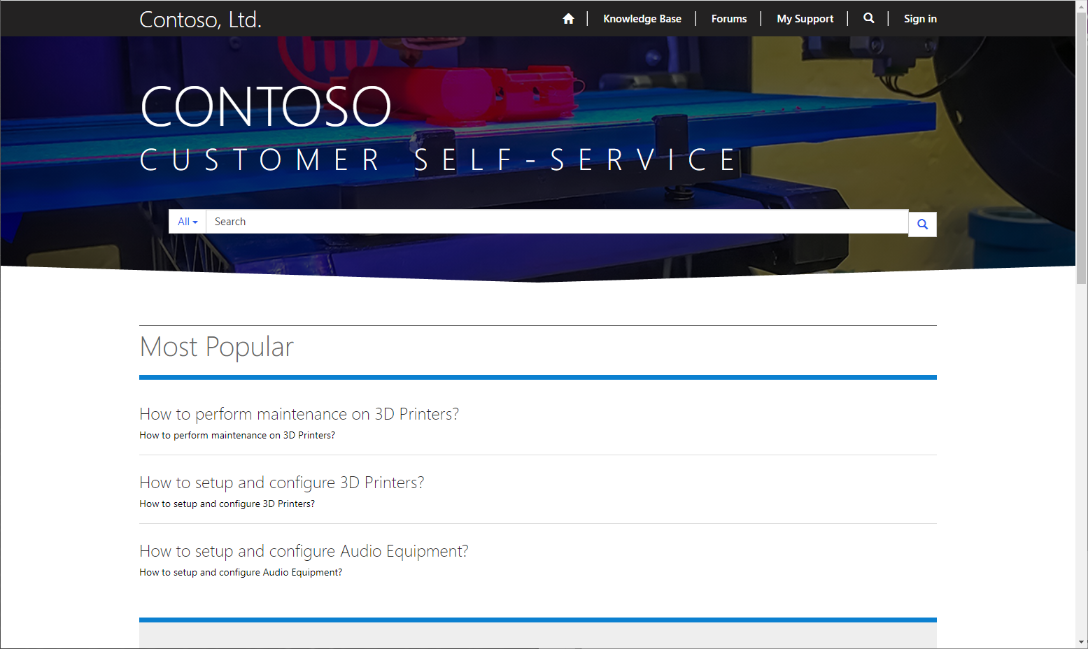 Screenshot showing an example of the Customer self-service portal.