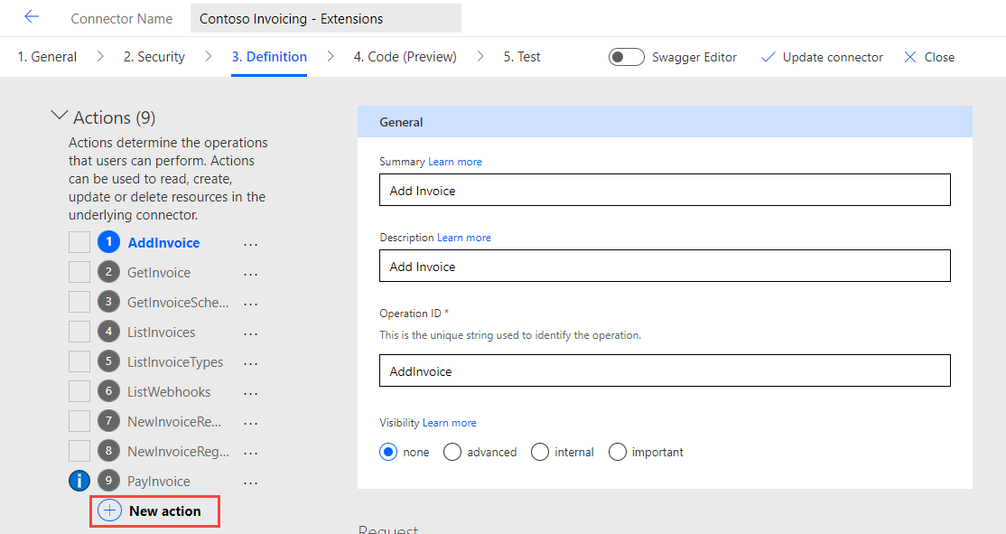 Screenshot showing the create new action button.
