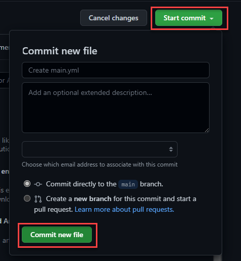 Screenshot showing start commit and commit new file actions being selected.