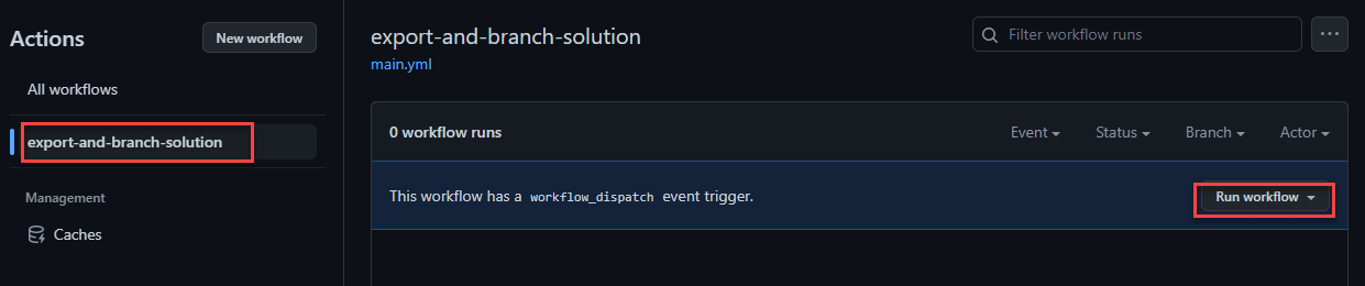 Screenshot showing selecting the action that you created and selecting run workflow.