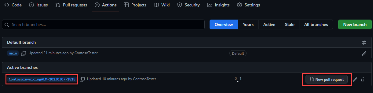 Screenshot showing selecting new pull request for the branch that was recently created.