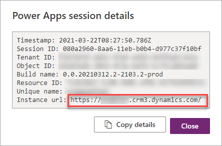 Screenshot showing session details and where to find the instance URL value.