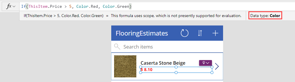 Screenshot of the formula for the color property screen, with data type Color highlighted below the formula bar.