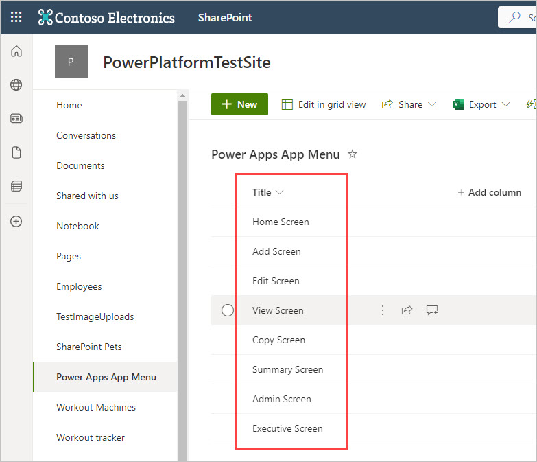 Screenshot of SharePoint showing Power Apps App Menu list of items.
