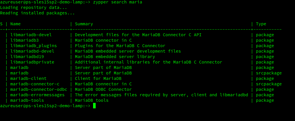 Screenshot of console output performing a zypper search for Maria D B.