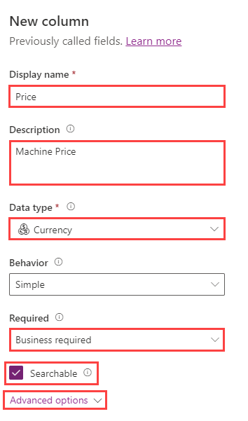 Screenshot showing the Advanced options button in the New column dialog.