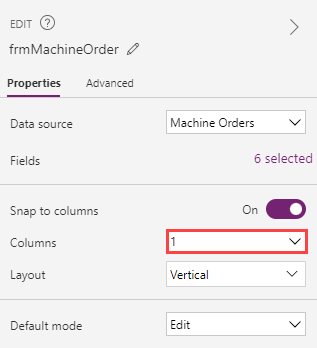 Screenshot of the Columns field being changed to 1 under the Snap to columns section.