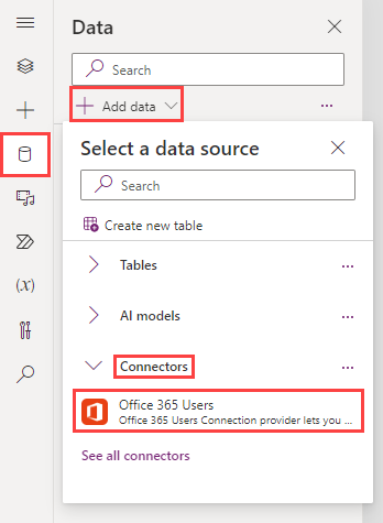 Screenshot highlighting the Office 365 Users option under Connectors.