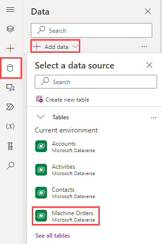 Screenshot of the Machine Orders option selected in the Select a data source menu.