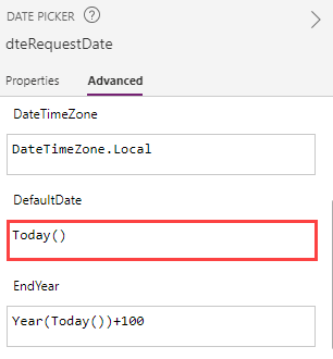 Screenshot of the Default Date property changed.