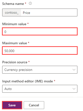 Screenshot showing the Minimum value and Maximum value fields filled in.