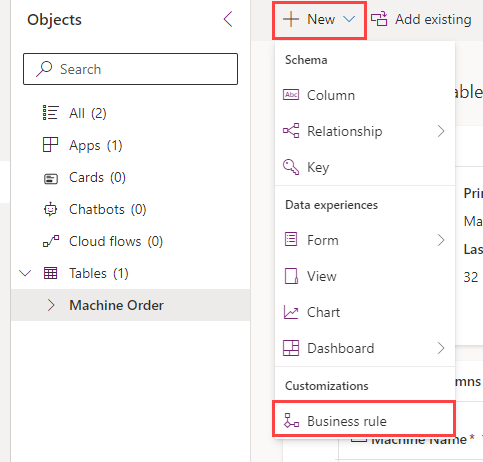 Screenshot showing the add New button and the Business rule option highlighted.