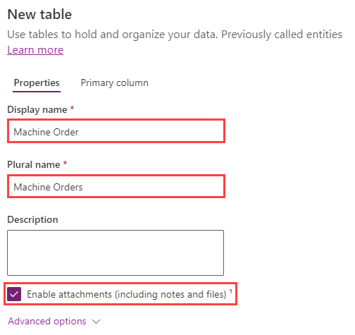 Screenshot showing the New table dialog, with the Display name and Plural name fields filled in.