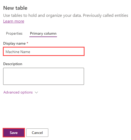 Screenshot of the Primary column tab, showing the Display name field changed to Machine Name.