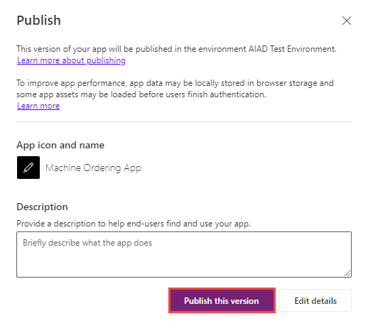 Screenshot with an arrow pointing to the Publish this version button.