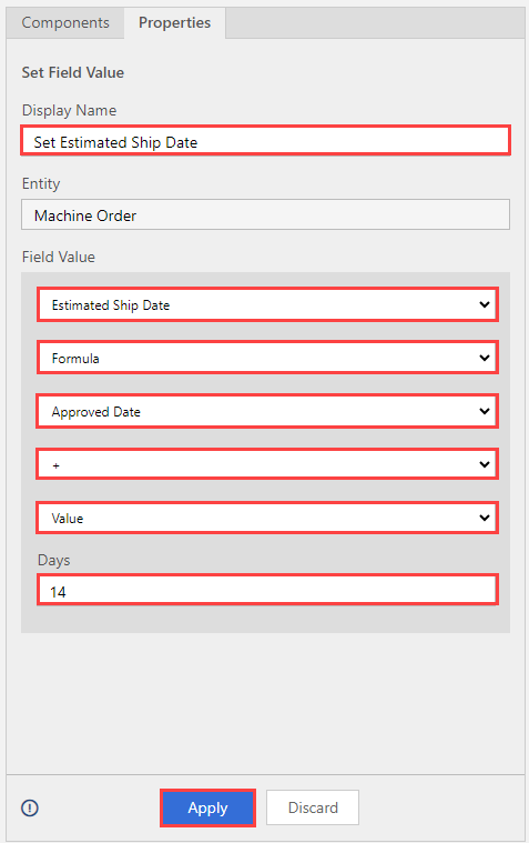 Screenshot showing the Properties pane of the Set Field Value, showing information filled in.