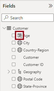 The image shows a section of the Fields pane. Inside the Customer table, there are multiple fields. One is adorned with the special icon, which indicates that it's a calculated column.