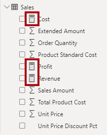 The image shows a section of the Fields pane. Inside the Sales table, there are multiple fields. Three are adorned with the calculator icon, which indicate that they're measures.