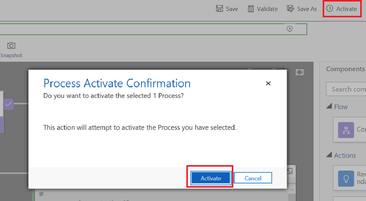 Screenshot of the Activate button and the Process Activate Confirmation button.