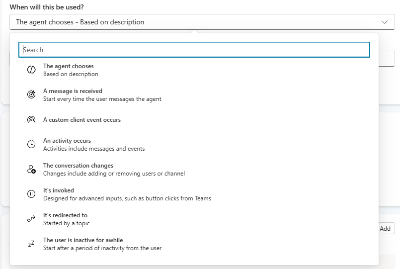 Screenshot of the options for child agent triggers in Copilot Studio.