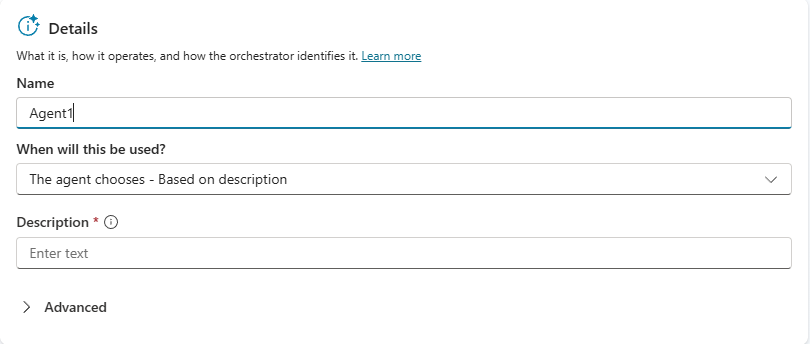 Screenshot of the primary configuration options for child agents in Copilot Studio.