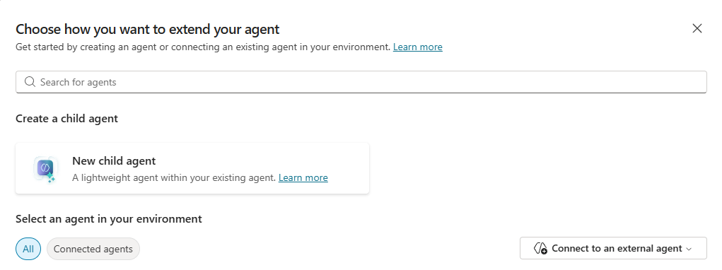 Screenshot of the interface for adding an agent to an agent in Copilot Studio.