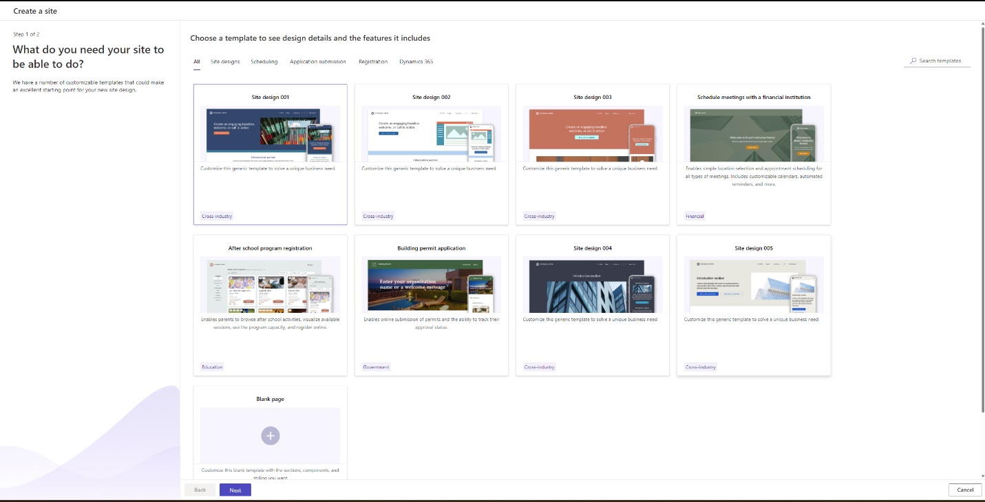 Screenshot of the Create a site page in Power Pages.