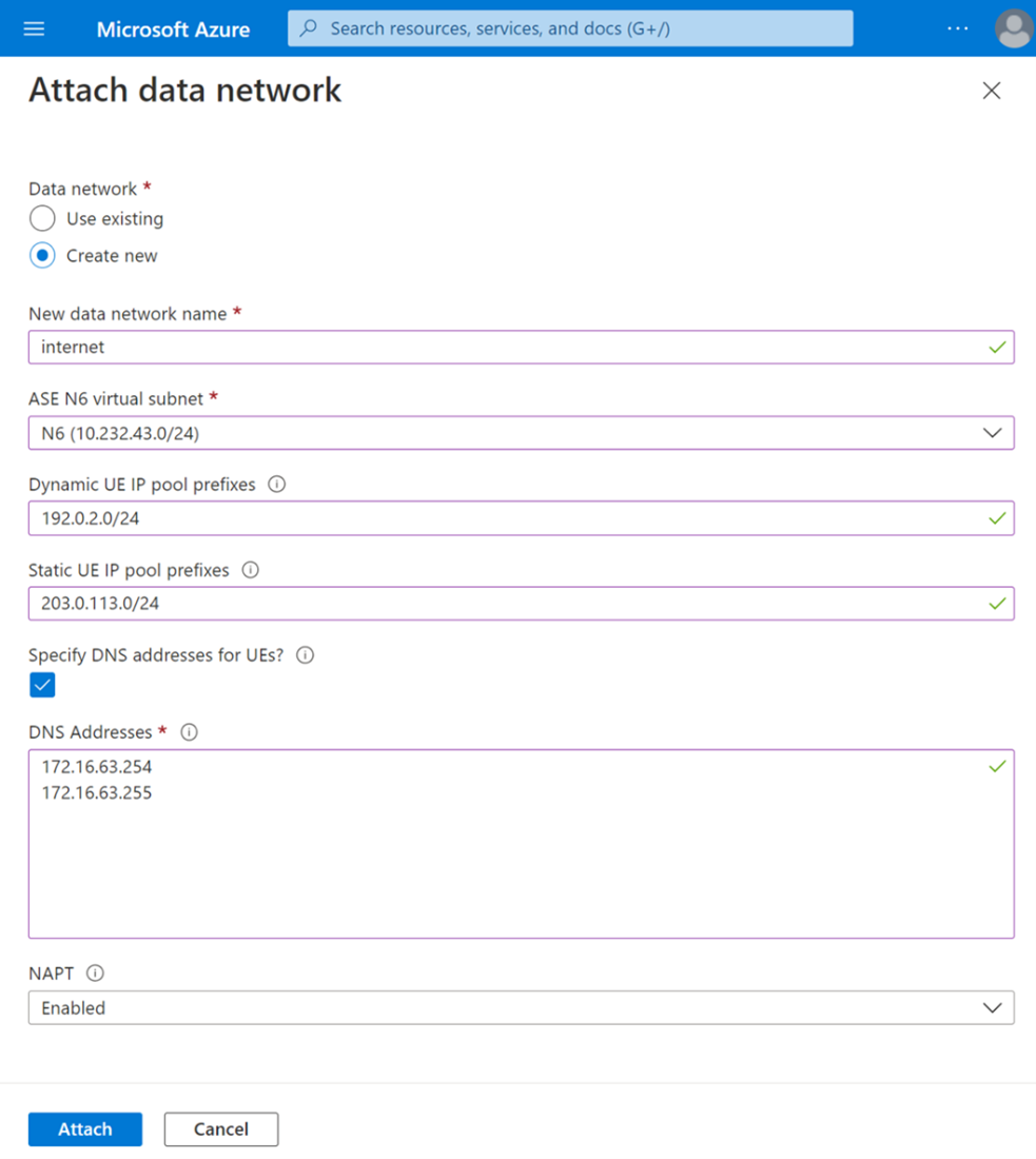 This screen displays the attach data networks section in the site creation page.