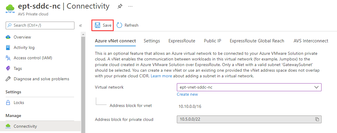 Screenshot displaying where to select the virtual network from within Azure vNet connect and how to save the configuration.