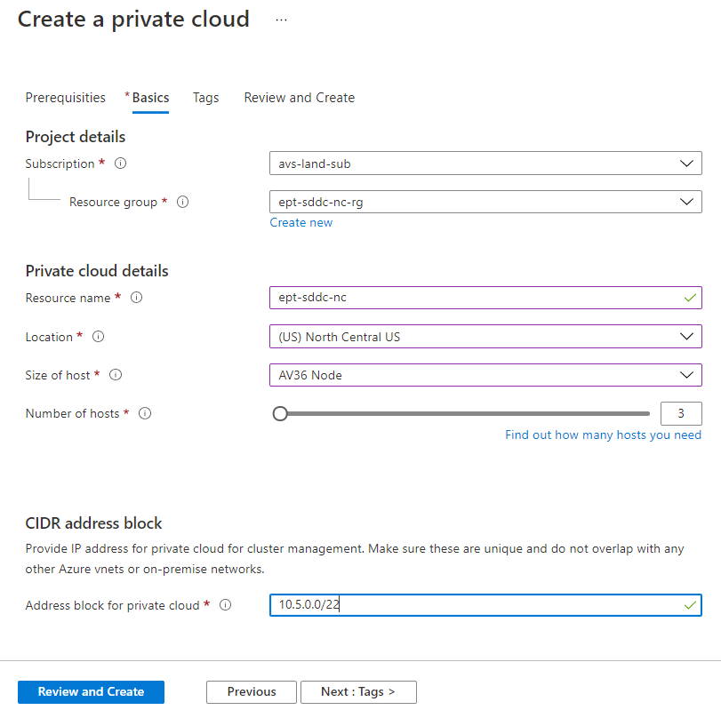 Screenshot of the Azure portal showing how to create an Azure VMware Solution private cloud with all required fields for deployment.